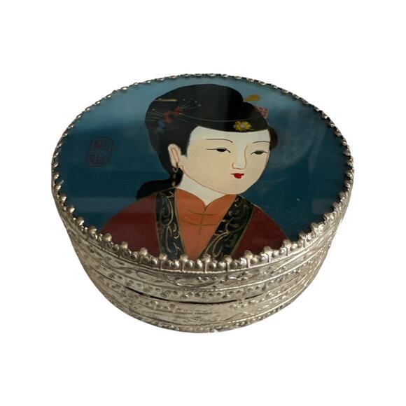 Vintage Hand Painted Geisha Courtesan Mirrored Powder Box Trinkets or Jewelry - Picture 3 of 8
